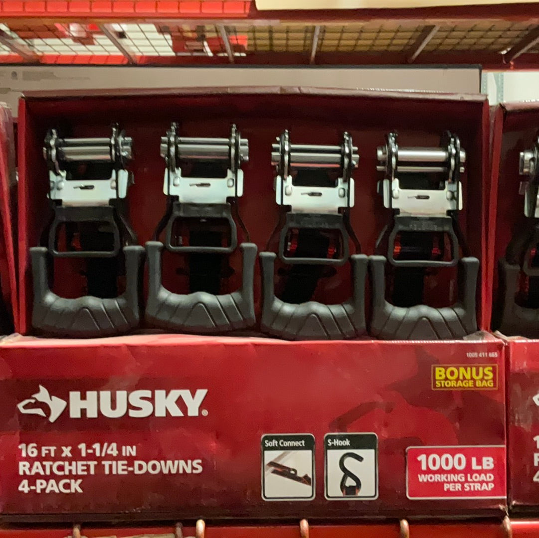 Husky 16 ft. 1.25 in. Ratchet Tie-Down Straps with S-Hook (4-Pack)