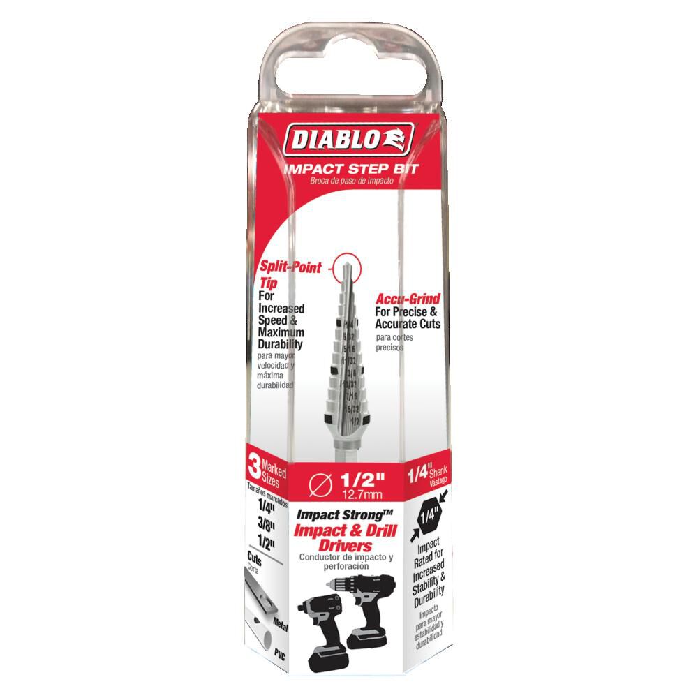 DIABLO  Step Drill Bit: 1/4" Min, 1/2" Max, 1/4" Shank Dia, High-Speed Steel